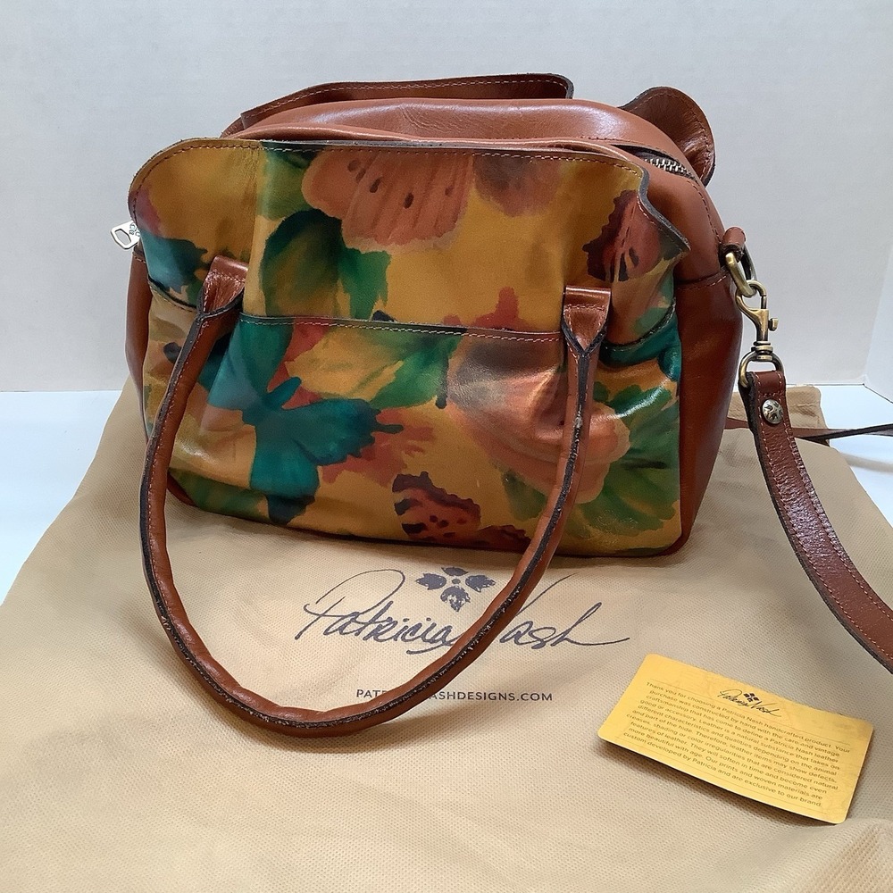 Patricia Nash Cognac Colored Floral Print Leather Duffle Handbag Purse Romantic